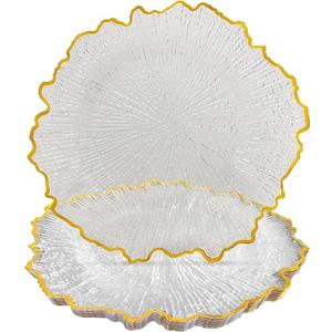 CN JIAHE 13inch Clear Acrylic Reef Gold Rim Charger Plates Set of 8, for Dinner, Wedding, Party, Event Decoration.