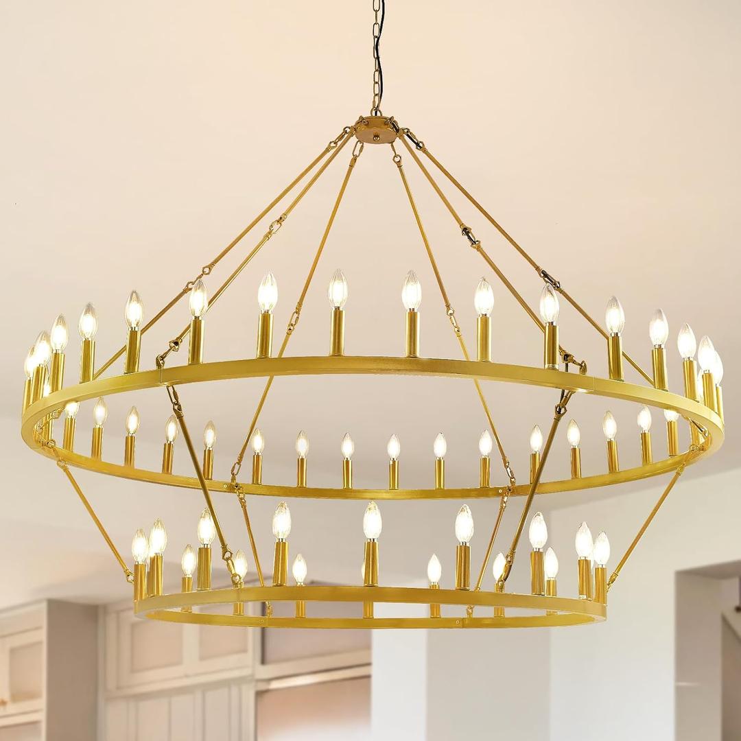 54-Lights 2 Tier Wagon Wheel Chandelier, 60" Large Chandeliers for High Ceilings, Round Gold Chandeliers for Dining Room, Farmhouse Foyer Lighting Fixtures, for Living Room, Staircase, Entryway