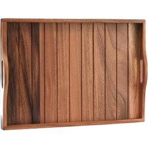 Large Acacia Wooden Serving Tray with Handles 20 x 14 inch Decorative Coffee Table Ottoman Tray for Living Room Extra Large for Kitchen Dinner Food Bar Breakfast in Bed (Color Natural)
