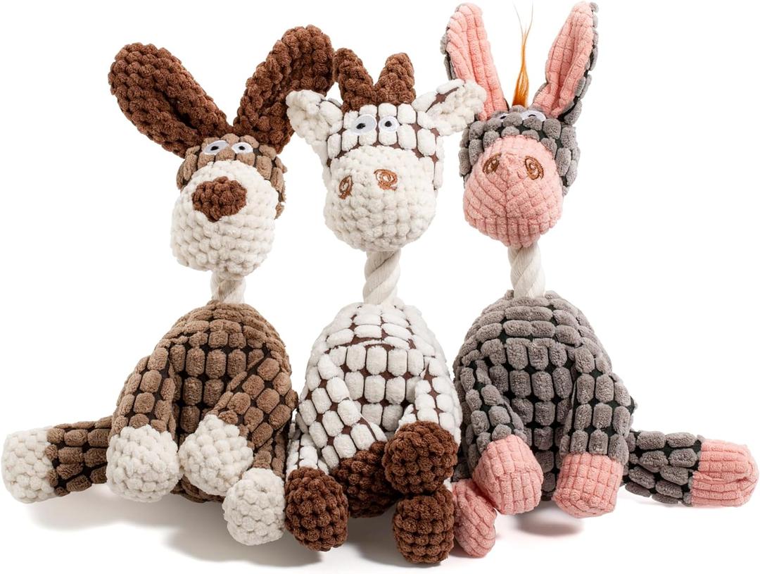 3-Pack Squeaky Plush Dog Toys - Adorable Animal Designs with Soft Cotton Filling, Cute Stuffed Dog Chew Toys for Small, Medium Non-Aggressive Chewing Dogs Chewer (Giraffe&Donkey&Dog) (White&Grey&Brown)