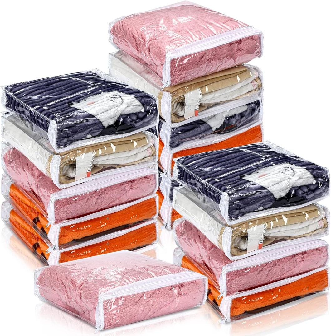 Kingdder 16 Pcs Clear Vinyl Zippered Sweater Storage Bags with Zipper Plastic Sheet Organizer and Storage for Clothing Blankets Sheet Linen Bed Pillow Cube Organizer(10 x 10 x 2.5 Inch)