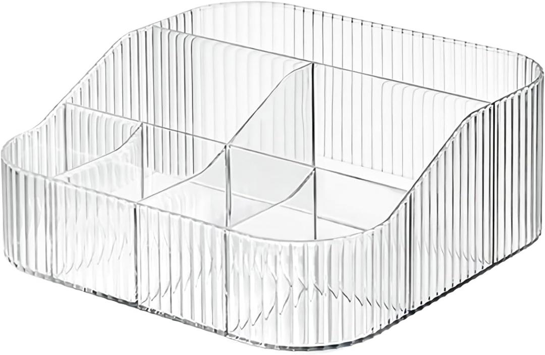 DASITON Large Capacity Makeup Brush Holder,8 Slot Makeup Brush Cup,Vintage striped Make Up Brush Holder,for Vanity Decor,Bathroom Countertops,Desk Storage Container,Cosmetic Display cases(Clear-XL)