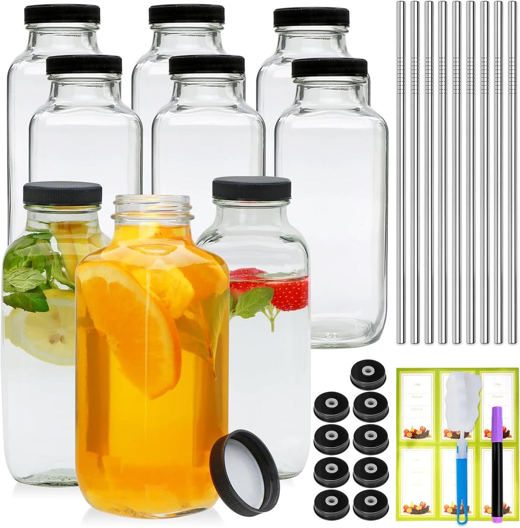 16oz glass bottles with lids,juice bottles gifts for women,glass bottles with lids,glass water bottles. Kit includes Stainless Steels Straws,Two Types of Lids,Stickers,Pen,Cleaning Brush 9pcs