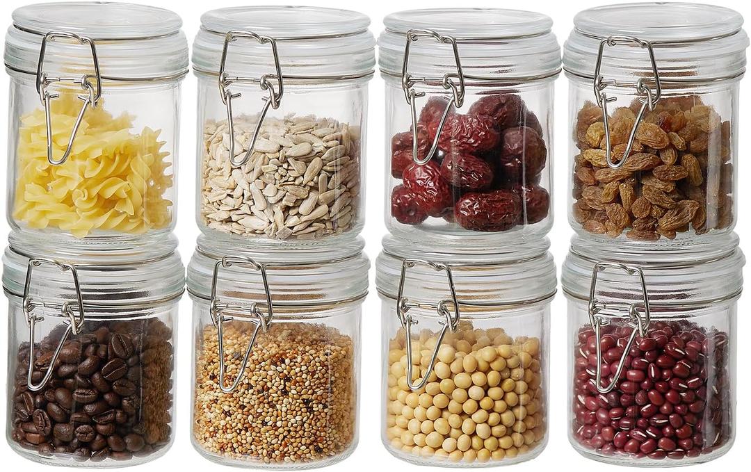 ODBCYWM 10oz Glass Food Storage Jars with Airtight Lids, Set of 8  Clear Preserving Seal Wire Clip Fastening Canisters for Kitchen Canning, Flour, Cereal, Pasta, Sugar, Beans, Pickling Jars (10oz8)