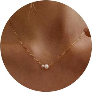 Mothers Day Gifts- Pearl Necklaces for Women Trendy, 14k Gold Plated Dainty Necklace Simple Pearl Drop Single Charm Pendant Necklace Birthday Wedding Gifts Gold Jewelry for Women