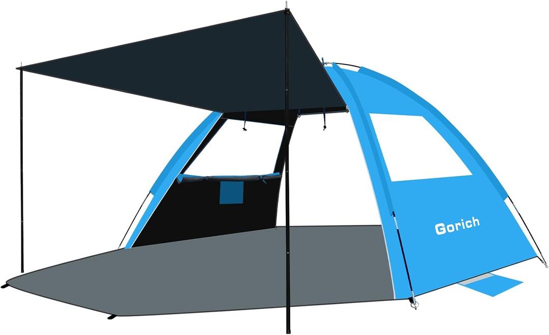 Gorich Beach Tent with Canopy - Easy Setup 3-4/5-6/7-8 Person Portable Sun Shelter, UPF 50+ UV Protection Sun Shade, Lightweight & Compact Beach Cabana for Family Travel (Dark Shelter-Skyblue)