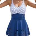 Womens Tankini Swimsuits Tummy Control Bathing Suit Twist Front Cutout Swim Dress with Bikini Bottoms (XL, Blue Stripes)