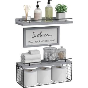 WOPITUES Floating Shelves for Wall Decor Sign, Bathroom Organizers and Storage, Bathroom Shelves Over Toilet with Metal Guardrail-Modern Grey
