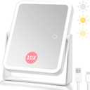 DESCHEN Rechargeable Travel Makeup Vanity Mirror with Lights and Magnification, Portable 10X/1X Magnifying Mirror with 360 Rotation LED Mirror (White)