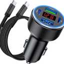 USB C Car Charger Fast Charging USB C Cable, 78W 4 Port iPhone 16 15 Car Charger Adapter with Voltmeter Cigarette Lighter USB Charger for iPhone 16 Pro Max/15 Plus/14/13/12, Samsung Galaxy, iPad