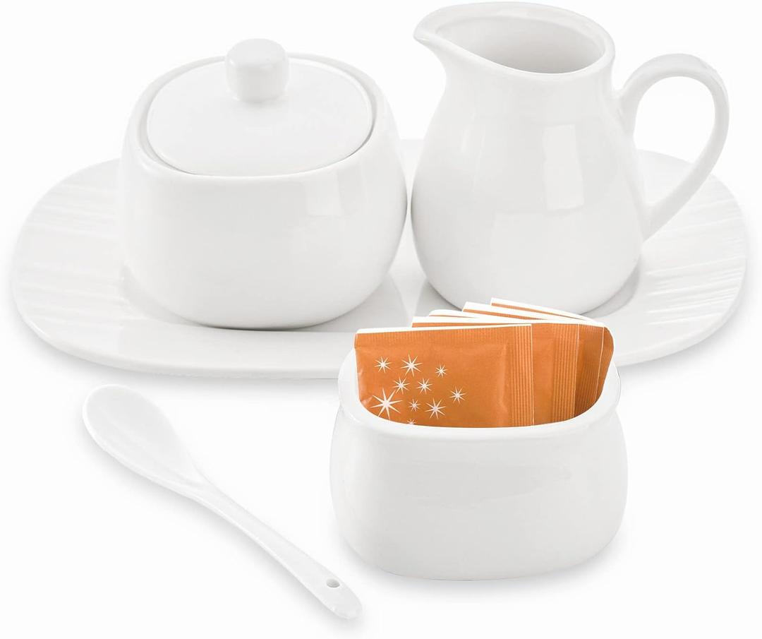 Dicunoy Set of 4 Sugar and Creamer Set, Small Creamer Pitcher with Handle for Coffee Bar, Sugar Bowl with Lid, Spoon and Tray, White Ceramic Sweetener Packet Container for Tea, Milk