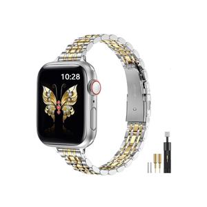MioHHR Slim Metal Band Compatible with Apple Watch Band 42mm(Series 11 10) 41mm(Series 9 8 7) 40mm(Series 6 5 4 SE3/2/1) 38mm(Series 3 2 1),Stainless Steel iWatch Bands for Women,Silver/Gold