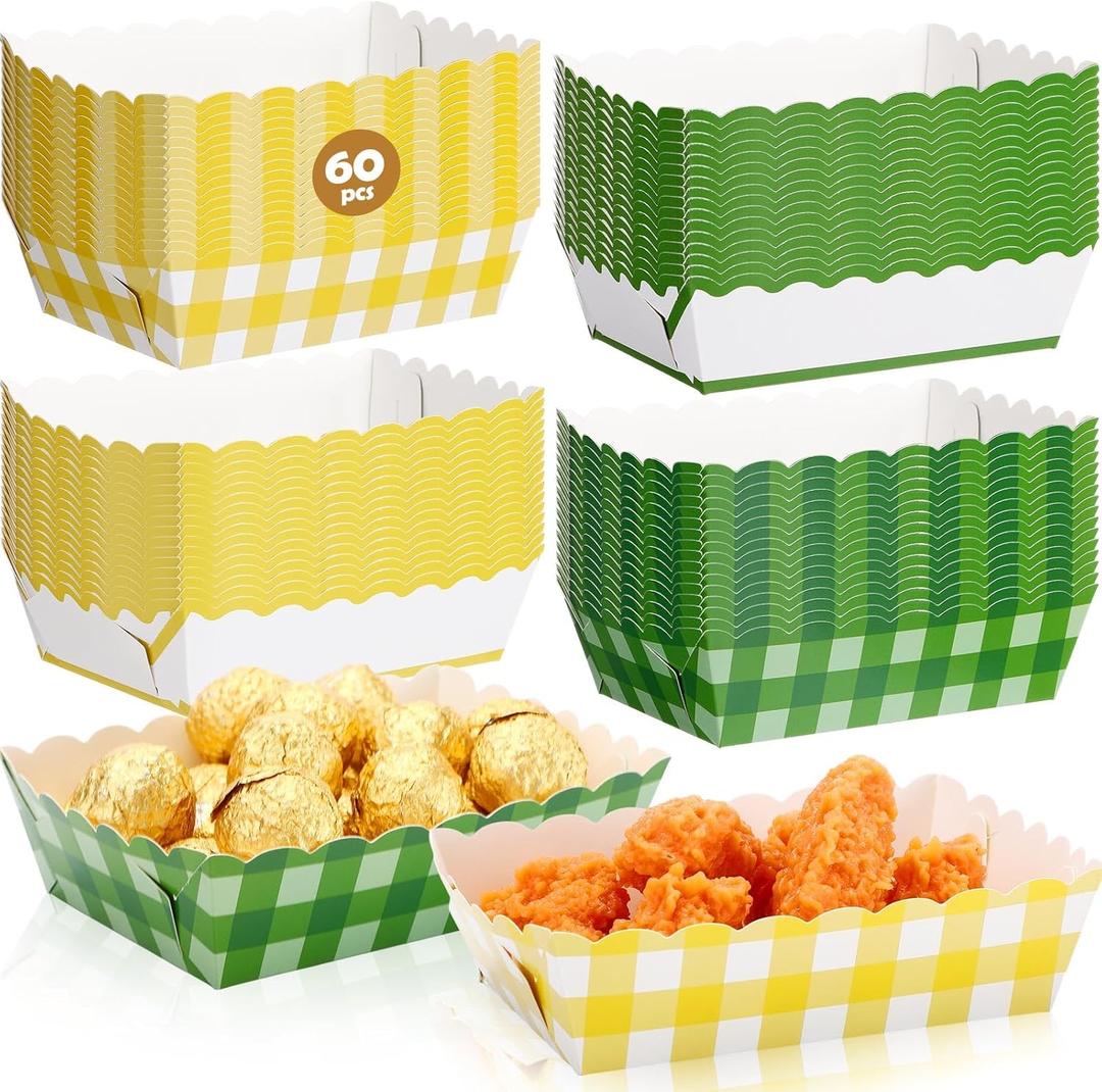 Havawish 60 Pack Gingham Disposable Food Trays, Plaid Scalloped Paper Snack Boats, Disposable Serving Food Boats, Nacho Plates for Party, Wedding, Picnic, BBQ (Yellow and Green)