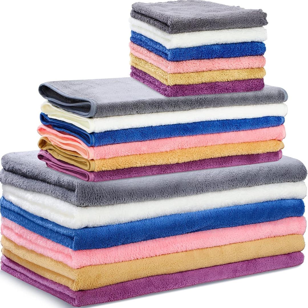 Moukeren 18 Pcs Microfiber Bath Towel Set 6 Bath Towels 6 Hand Towels 6 Washcloths Soft Coral Velvet Highly Absorbent Bathroom Towel for Fitness Sports Yoga Travel (Cute Colors)