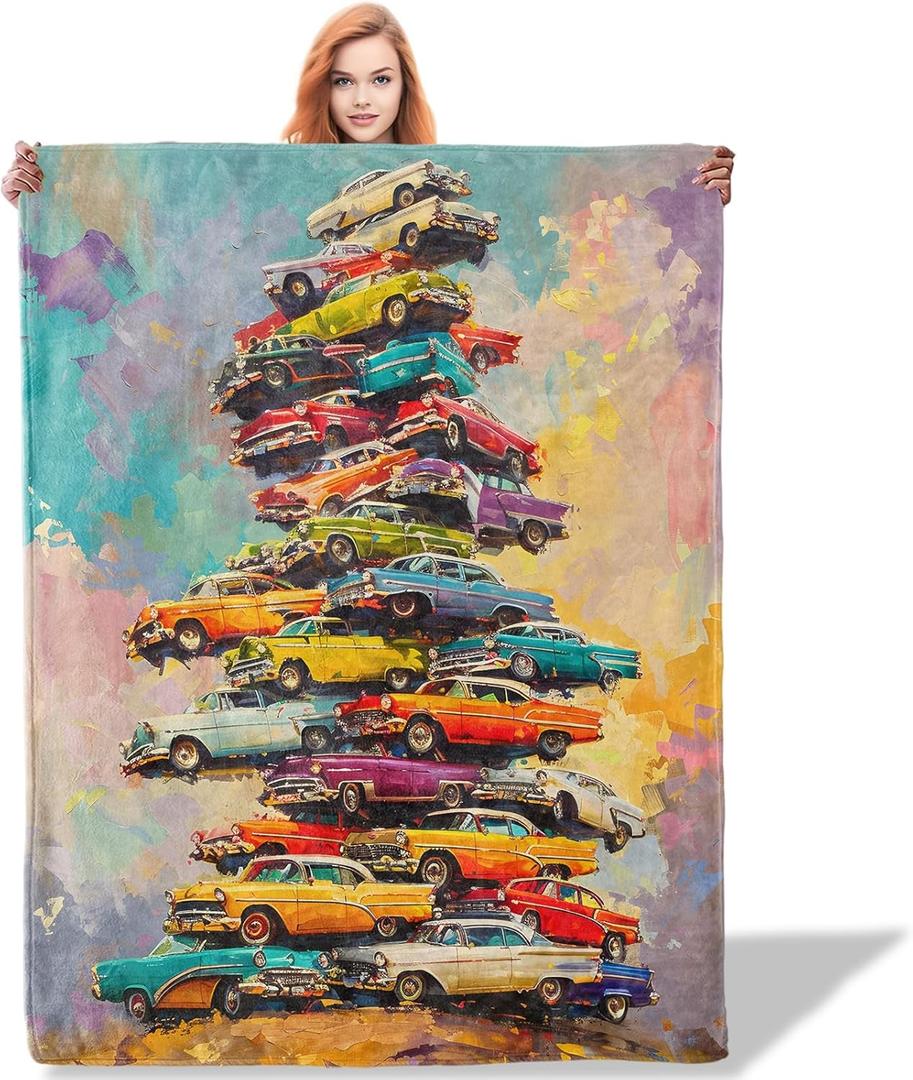 Vintage Classic Car Throw Blanket for Women Girls Boys, Soft Flannel Blankets Gifts for Living Room Couch, Home, Sofa Decor, 50"x60"