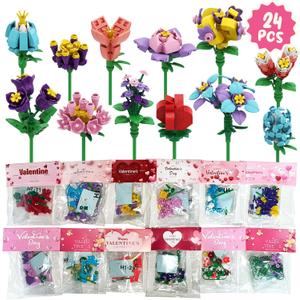 24Pcs Valentine's Day Gifts Party Favor Valentines Small Flower with Valentine Greeting Cards Bouquet Building Blocks Toys for Boys Girls Gifts School Exchange Prize Party Favors
