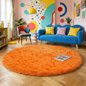 Amdrebio Orange Round Circle Rug 4Ft for Bedroom Living Room, Fluffy Fuzzy Area Rugs for Kids Room Decor Aesthetic, Cute Furry Plush Shag Carpet for Toddler Teen Girls Boys Baby Nursery Dorm Playroom