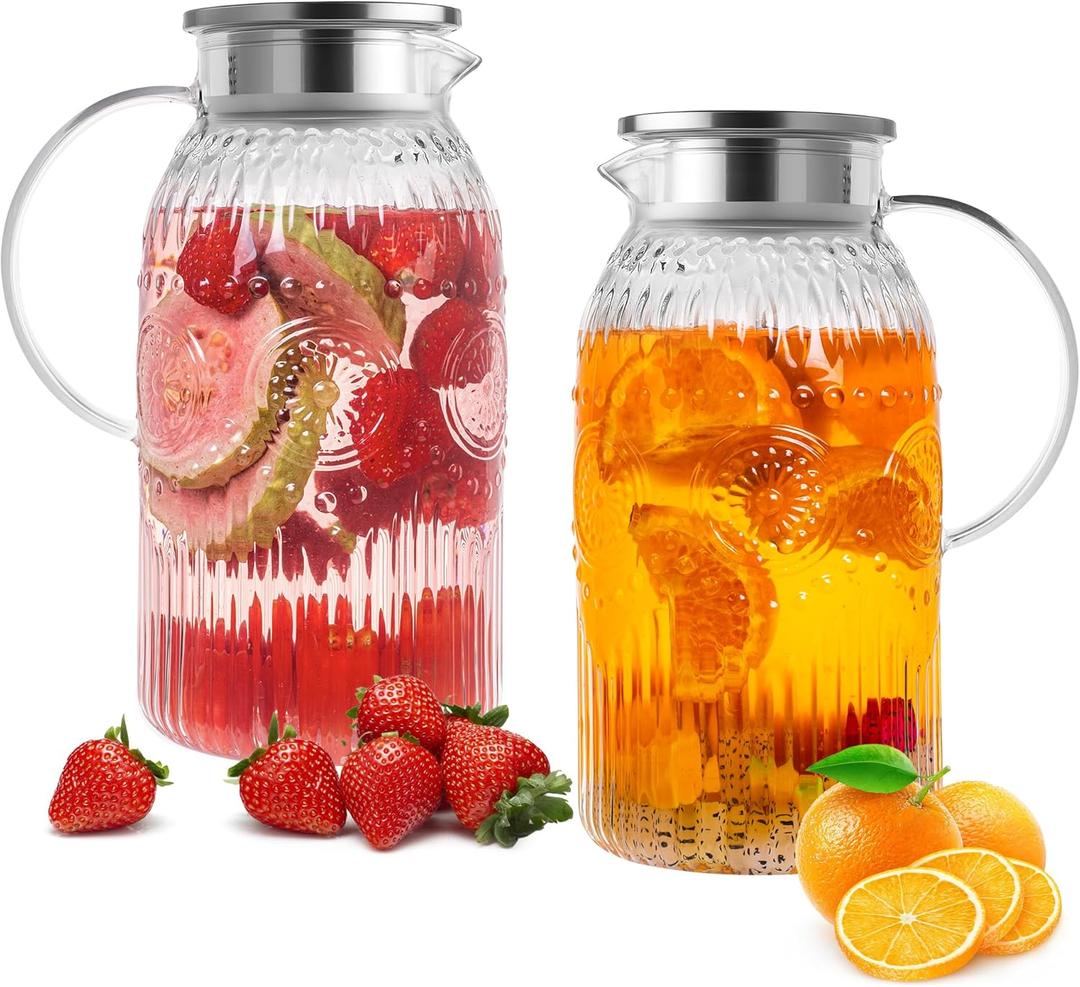 Bandesun Glass Pitcher with Lid, 68 oz/ 2 Liter 2Pack Vintage Water Pitcher,Glass Water Carafe for Cold Brew, Coffee, Lemonade, Iced Tea,Beverage, Heat Resistant Jug