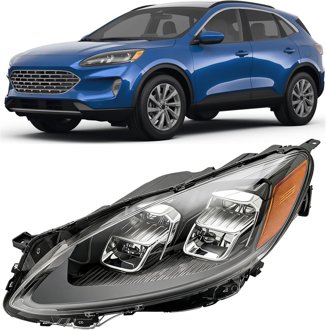 Plobeda LED Headlight Assembly Compatible with 2020 2021 2022 2023 FORD ESCAPE SEL Model Left & Right Driver Side Black Housing Clear Lens Headlamps Replace # LJ6B-13W029-AH, LJ6B-13W030-AH (Left)