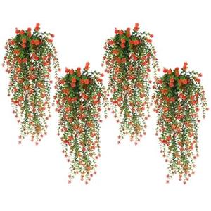 SJL Small Hanging Plant Pack of 4 Fake Hanging Ferns Artificial Plants Faux Hanging Plants Flower Plastic Leaf Realistic Greenery All Year Round Decor for Indoor Outdoor Wall Yard (Tangerine)