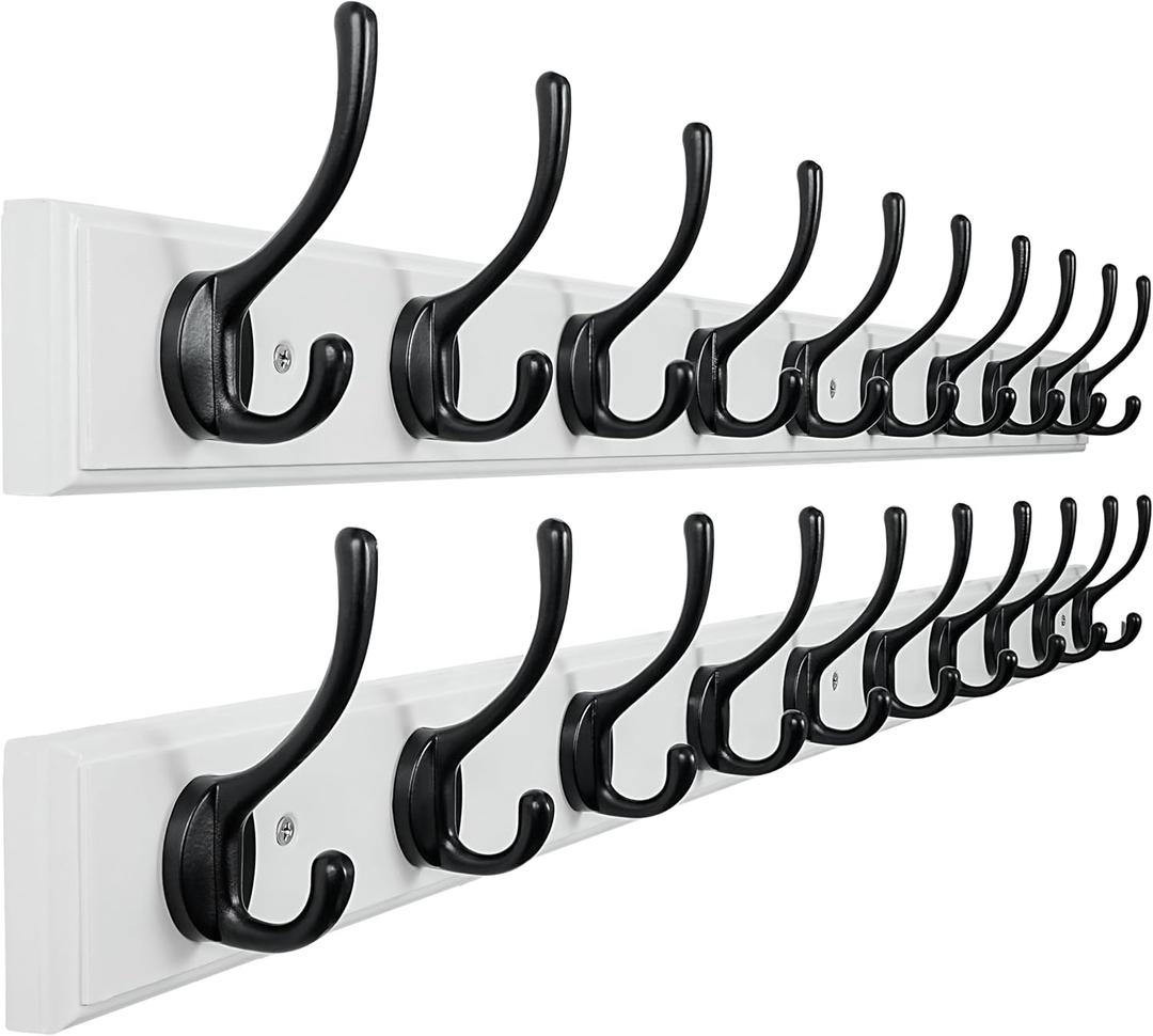 Dseap Coat Rack Wall Mounted: 10-Hooks, 38-1/4" Long, 16" Hole to Hole, Wood Coat Hooks Wall Mounted, Hook Rack, Hook Rail, Hooks for Hanging Coats, White & Black, Pack of 2