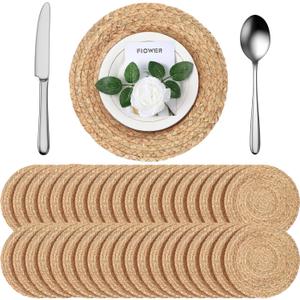 FoldTier 40 Pcs Round Placemats Bulk Plate Chargers Set 11.8 Inch Woven Placemat Rustic Braided Straw Rattan Charger Natural Water Hyacinth Place Mat for Wedding Party Table Single Tableware Use