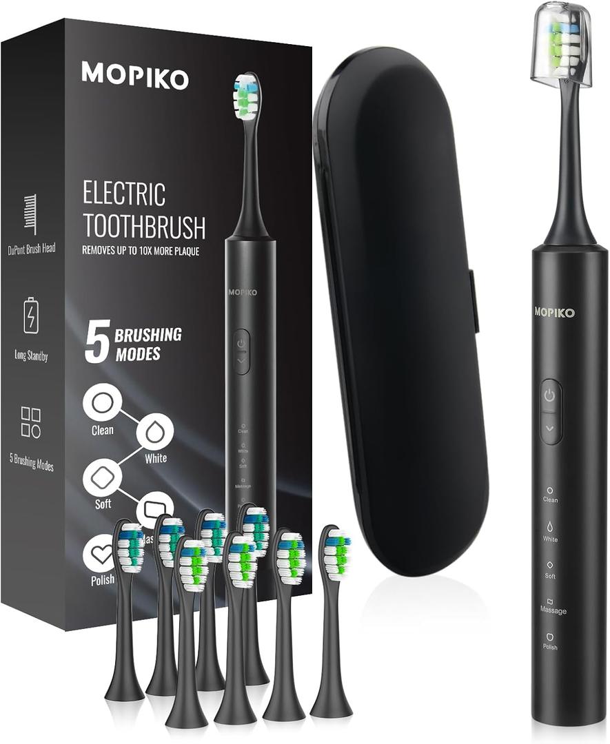 Sonic Electric Toothbrush for Adults - Rechargeable Black Electric Toothbrush with 8 Brush Heads 5 Modes Sonic Power Toothbrush with Travel Cover