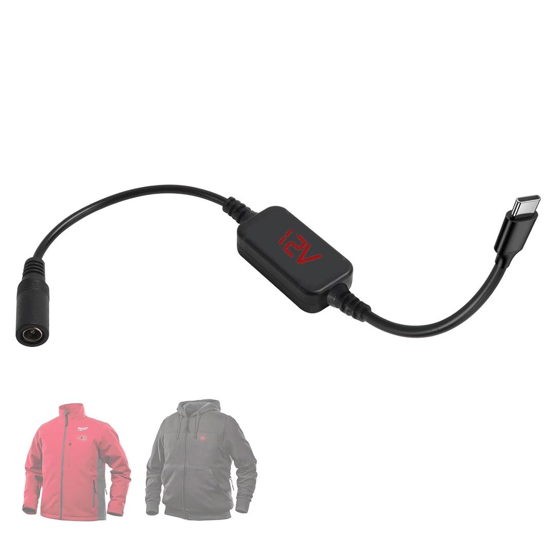 12V Heated Jacket Battery StepUp Adapter Charger Cable TypeC to DC5.5mm for Milwaukee, M12, Makita, Snap-on, Metabo, Craftsman, AEG Gear (Designed for 12V Heated Jackets Only)