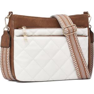FOXLOVER Quilted Crossbody Bags for Women Trendy vegan Leather Hobo bag Shoulder purses With Wide Strap (White Brown)