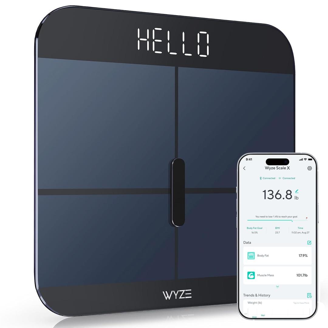 Wyze Smart Scale X - Digital Bathroom Scale for Body Weight, BMI, Body Fat, Muscle Mass, Heart Rate Monitor | Sync with Health Apps | for People, Baby & Pet, 400 lbs (Black)