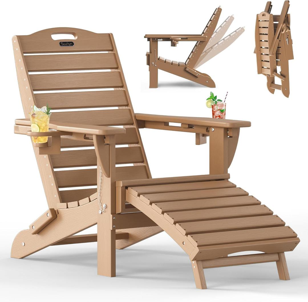 Folding Adirondack Chair with Retractable Ottoman Weather Resistant Fire Pit Chair Patio Chair with 2 Cup Holder Lawn Outdoor Lounge Chair (Teak)