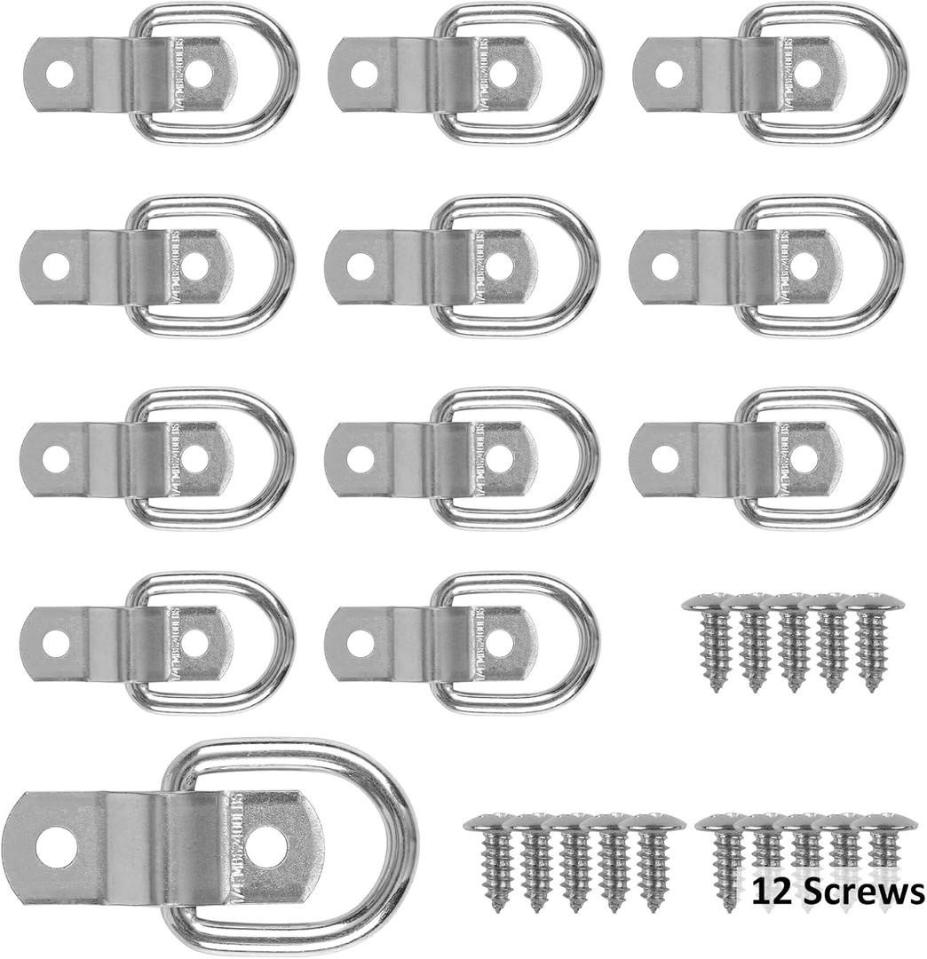 GardEasy 12 Pack D Rings Tie Down Anchors Hooks Heavy Duty 1/4" Trailer Anchor Lashing Rings 2400 lbs, Bracket Hooks Kit for SU,Camper,Van,Car,Boats, MotorcyclesSilver