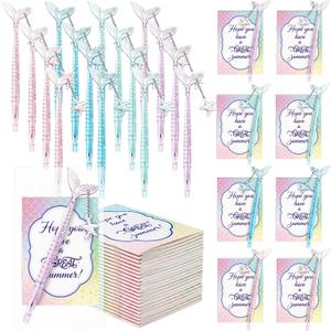 Gueevin 24 Set End of School Year Student Gifts Bulk for Kids Including 24 Pcs 4 Colors Mermaid Ballpoint Pens and 24 Notepads from Teacher Gift Classroom