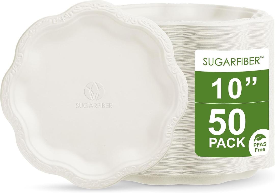 [50 COUNT]10-inch Compostable PFAS Free Floral Paper Plates, White Floral Acanthus Collection Natural Sugarcane Disposable Bagasse Eco Friendly Wedding Dinner Plates Elegant, New Version