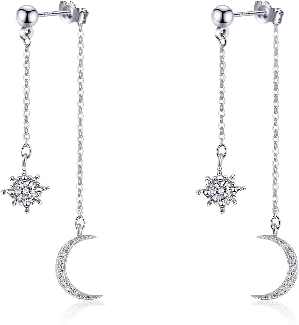 925 Sterling Silver Dangle Earrings for Women Moon and Star Earrings with Cubic Zirconia Celestial Jewelry for Wedding Jewelry Gifts