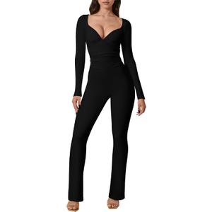 Women's Sexy Long Sleeve Bodycon Jumpsuit Tight Wide Leg Full Length Romper (Black)
