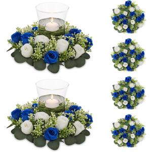 NUPTIO Artificial Flowers Candle Rings - 6 Pcs 14 inch Diam Large Champagne & White Fake Roses Wreath Wedding Centerpieces for Tables Spring Summer Wreath for Front Door Weddings Party Ceremony Decor