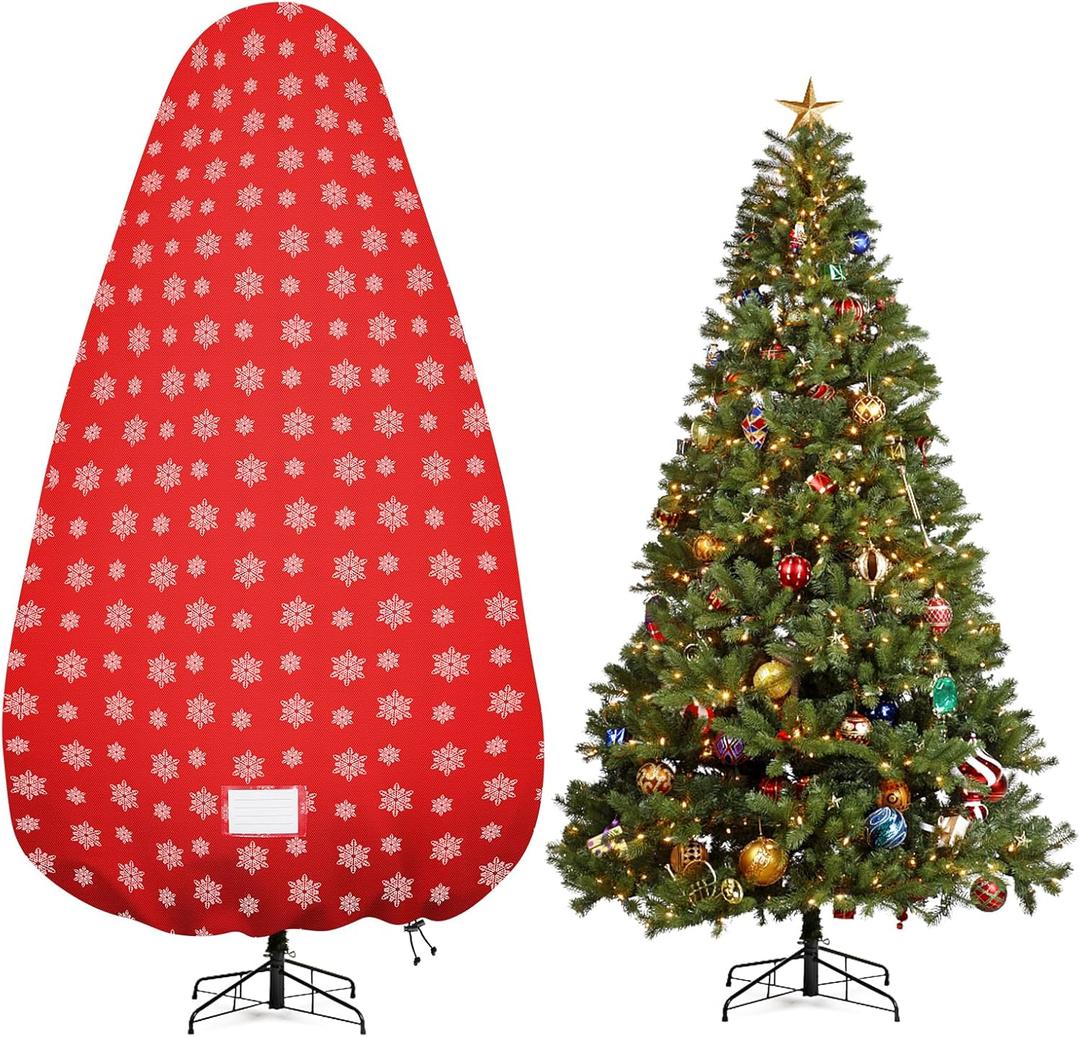 Upright Christmas Tree Storage Bag,Tree Storage Cover with Adjustable Straps,Tear Resistant Christmas Tree Storage Bag for 7.5Foot Assembled Trees-Snow Printing Red