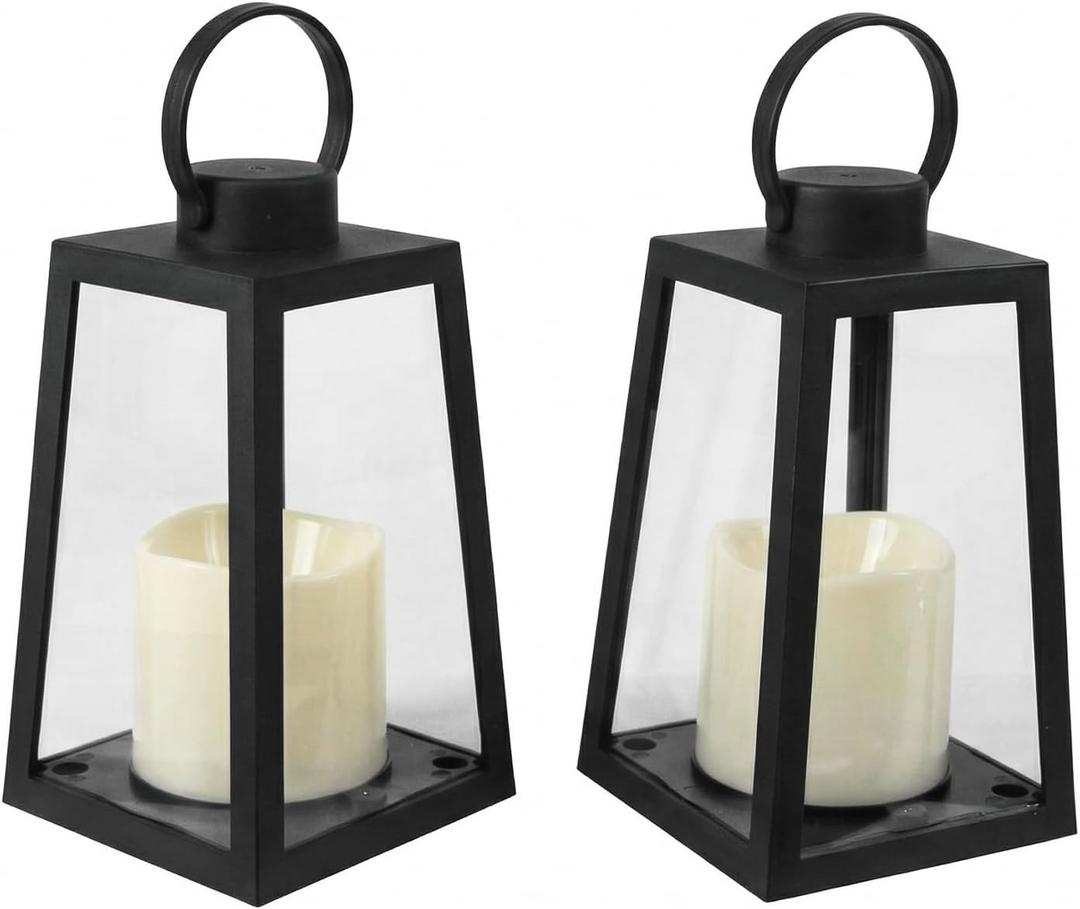 2 Pack 8.6Black Decorative Lanterns with Timer 6H,Battery Operated Flameless Candles, Realistic Flickering Warm White LED Candle, Decorative Lantern for Home Patio Garden