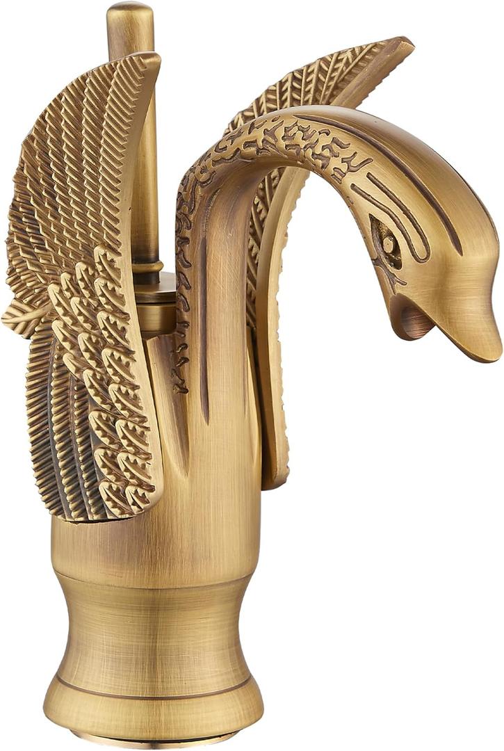 GGStudy Bathroom Faucet Antique Brass Swan Single Handle One Hole Bathroom Vanity Faucet Basin Tap Deck Mount Lavatory (Short, Antique Brass)