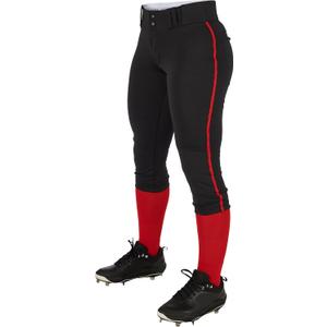 CHAMPRO Girls' Tournament Low-Rise Youth Softball Pants with Braid (X-Large, Black, Scarlet Pipe)