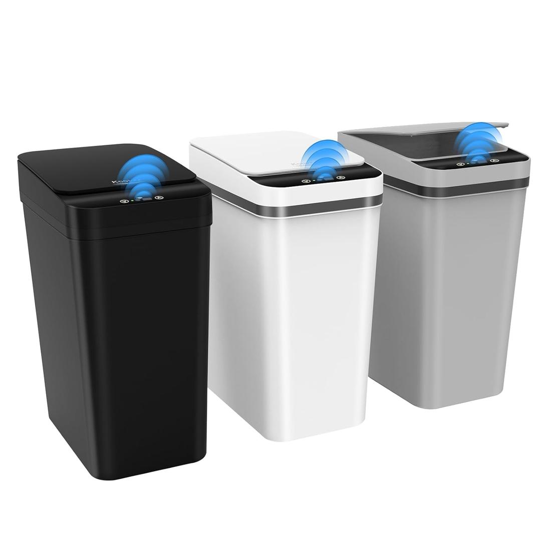 3 Pack Automatic Small Bathroom Trashcan with Lid - 2.5 Gallon Touchless Garbage Can, Motion Sensor Smart Trashbin, Slim Dog Proof Trashcan, Waterproof Plastic Wastebasket for Bedroom Office Kitchen (Black/White/Grey)