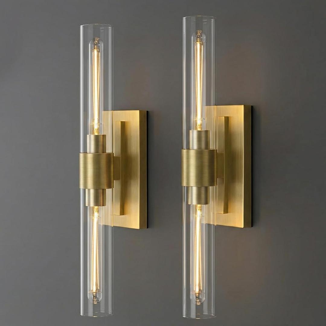 22.8" Brass Wall Sconces Set of 2, Modern Luxury 2-Light Bathroom Vanity Lights with Glass Tube Shade, Dimmable Hardwired Gold Wall Sconce for Bathroom Mirror, Living Room, Hallway (Bulbs Included)