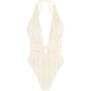 ZAFUL Women Plunging One Piece Swimsuit Backless Cross Tie High Cut Thong One-Piece Bathing Suit (Medium, 3-beige)