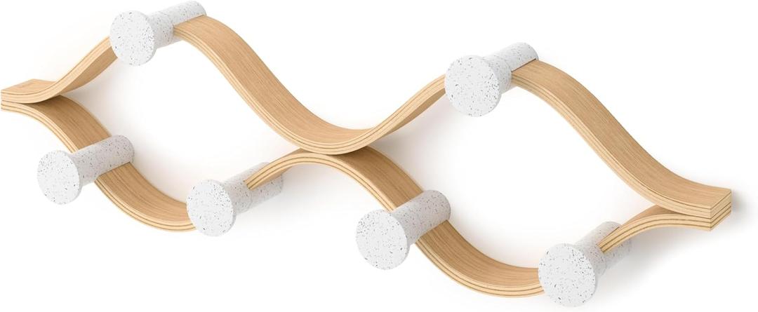 Umbra Montage Coat Rack, Wall Mounted 6 Hooks, White/Natural | Birch wood construction, 30 lb total capacity, 5 lb each, renewable sources