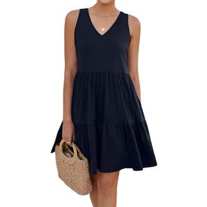Womens Summer Dresses V Neck Tank Tiered Flowy Mini A Line Casual Sundress with Pockets (S)