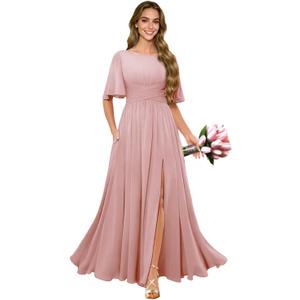 Long Bridesmaid Dresses with Sleeves A Line Chiffon Ruched Modest Formal Evening Dress Size 14