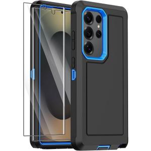 Annymall for Samsung Galaxy S25 Ultra Case with 2 Screen Protector,Shockproof Military Grade Drop Protection Multi-Layer Heavy Duty Rugged Bumpers Tough Cell Phone Protective Cover (Black/Blue)