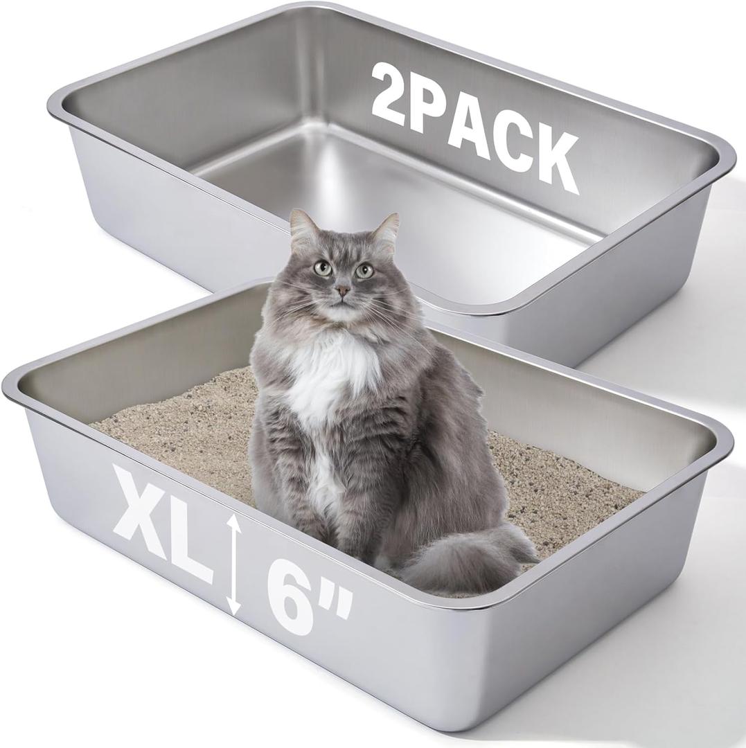 Stainless Steel Litter Box 2 Pack, 23.6x15.7"x6" Deep Stainless Steel Cat Litter Box Extra Large, XL Metal Litterbox for Big Cats with High Sides, Non Stick Surface, Easy to Clean