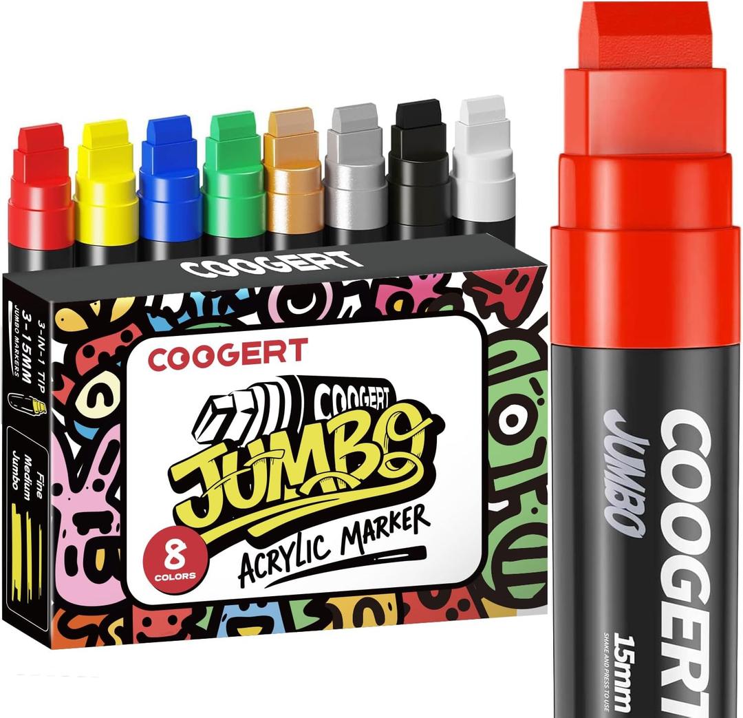 Coogert 8 Vibrant Colors Jumbo Poster Markers, 15MM Thick Permanent Acrylic Graffiti Markers, Wide Tip Paint Marker for Canvas, Posters Board, Fabric, Window, Wood, Teachers,Banner painting supplies
